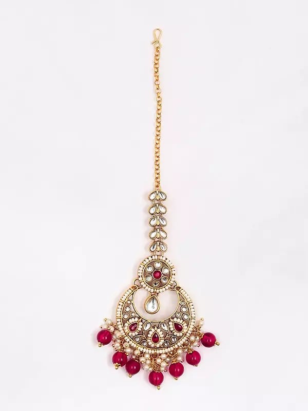Exotic India Stone Studded And Beaded Choker Necklace Set With Mangtika And Earrings With Chain
