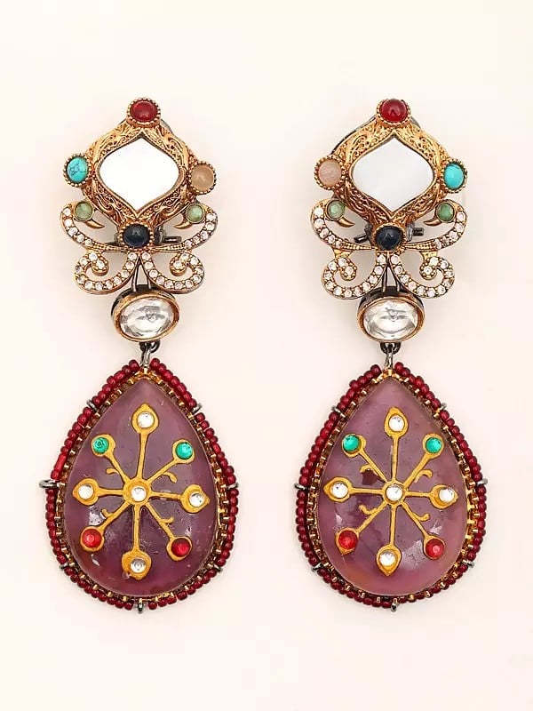 exotic india Stone Studded and Beaded Dangle Earrings 