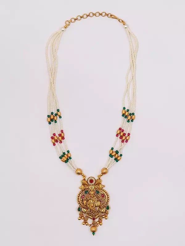 Exotic India Stone Studded And Beaded Fluting Krishna With Cow Necklace Set With Earrings 