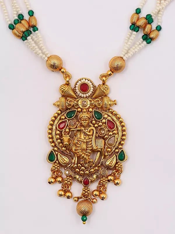 Exotic India Stone Studded And Beaded Fluting Krishna With Cow Necklace Set With Earrings 