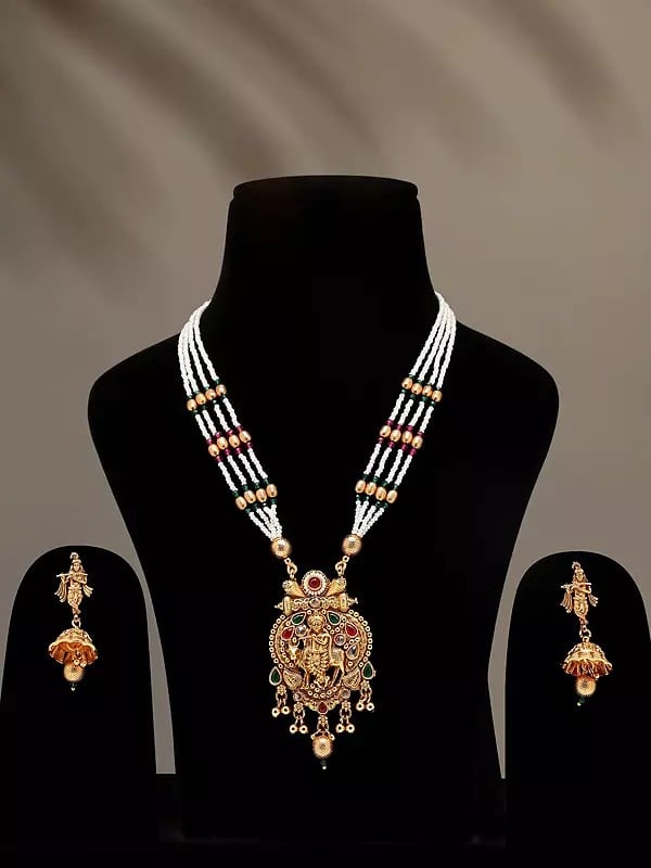 exotic india Stone Studded and Beaded Fluting Krishna with Cow Necklace Set with Earrings 