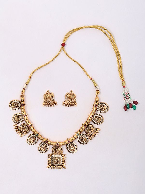 Exotic India Stone Studded And Beaded Goddess Lakshmi Necklace Set With Earrings 
