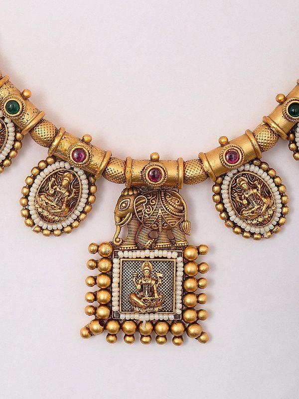 Exotic India Stone Studded And Beaded Goddess Lakshmi Necklace Set With Earrings 