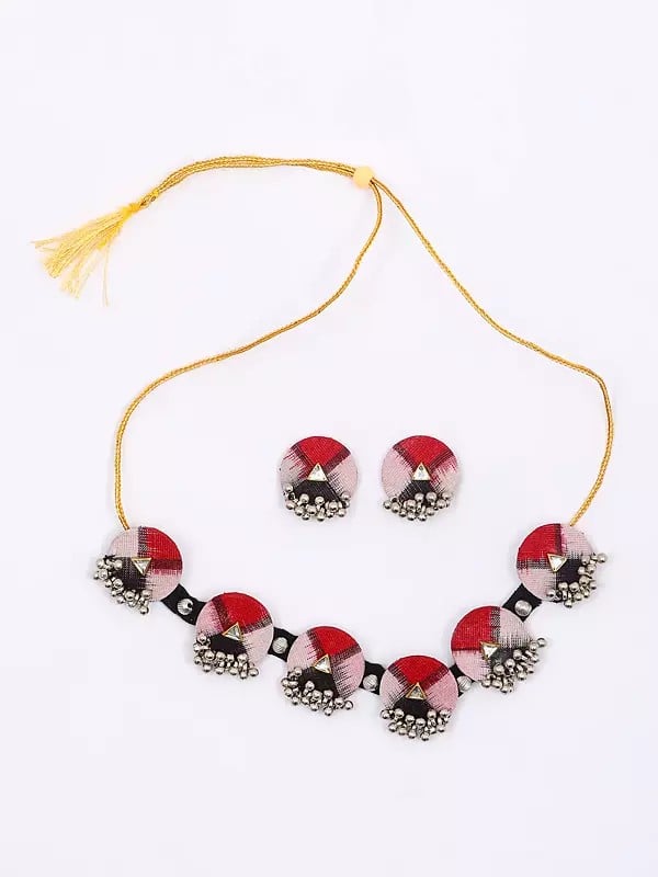Exotic India Stone Studded And Beaded Handloom Sambalpuri Fabric Choker And Earrings Set