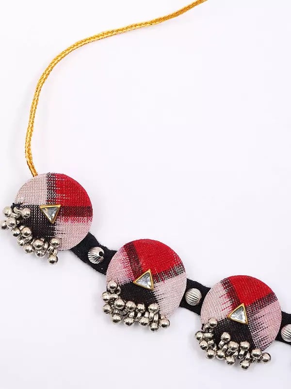Exotic India Stone Studded And Beaded Handloom Sambalpuri Fabric Choker And Earrings Set