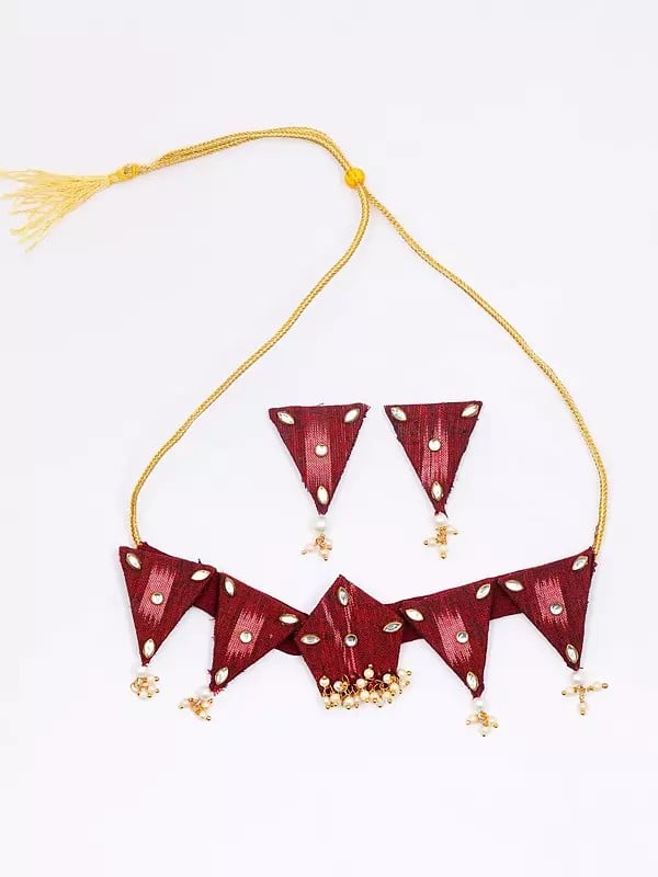 Exotic India Stone Studded And Beaded Handloom Sambalpuri Fabric Choker Set With Earrings 