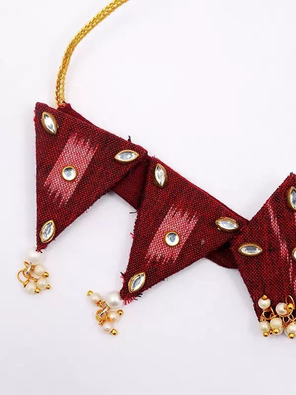 Exotic India Stone Studded And Beaded Handloom Sambalpuri Fabric Choker Set With Earrings 