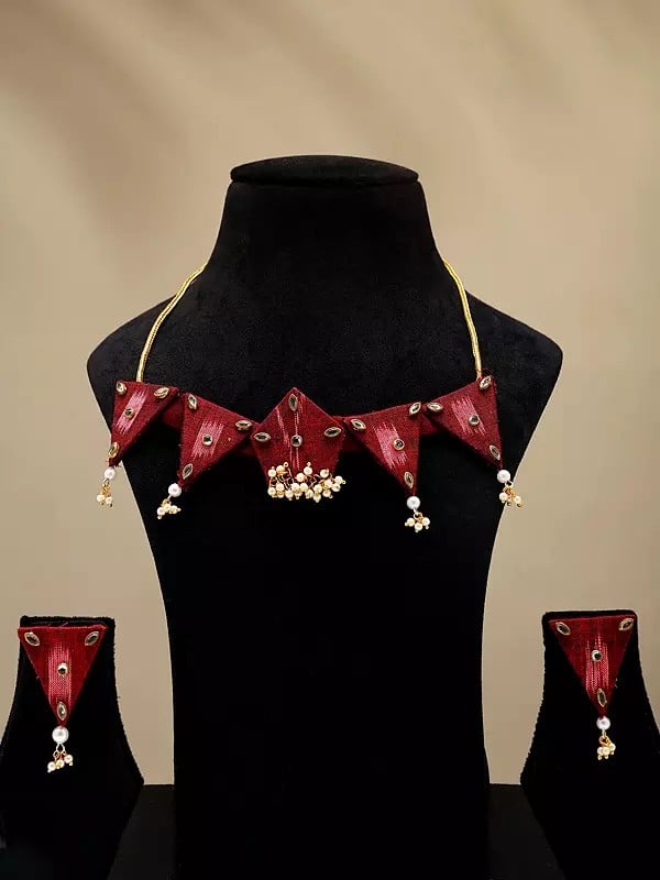 exotic india Stone Studded and Beaded Handloom Sambalpuri Fabric Choker Set with Earrings 