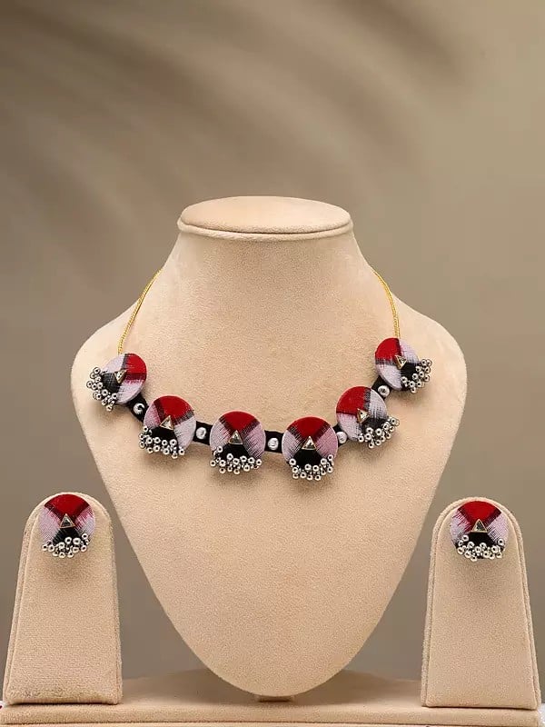 exotic india Stone Studded and Beaded Handloom Sambalpuri Fabric Choker and Earrings Set 