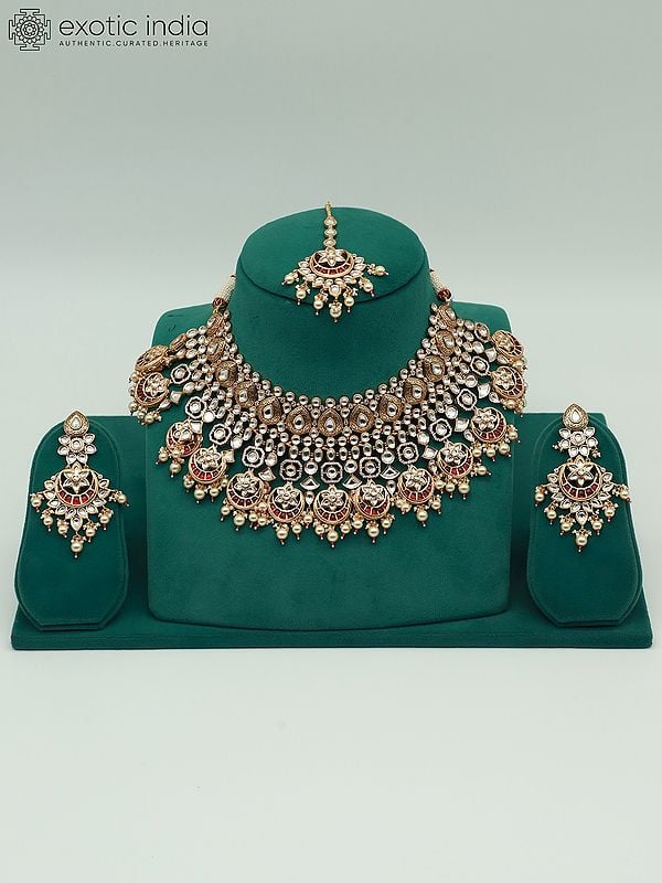 exotic india Stone Studded And Beaded Heavy Necklace Set For Bride With Earrings And Mangtika 