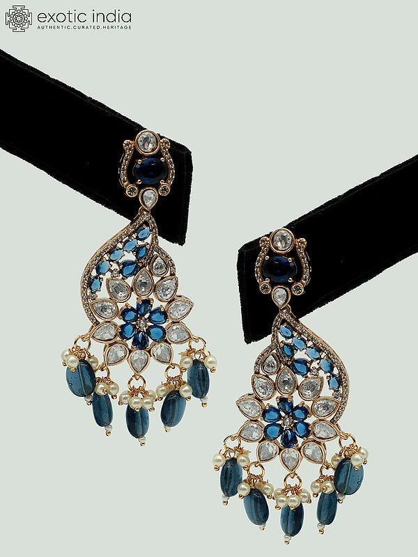 Exotic India Stone Studded And Beaded Moissanite Kundan With Matt Polish Necklace With Floral Beaded Earrings