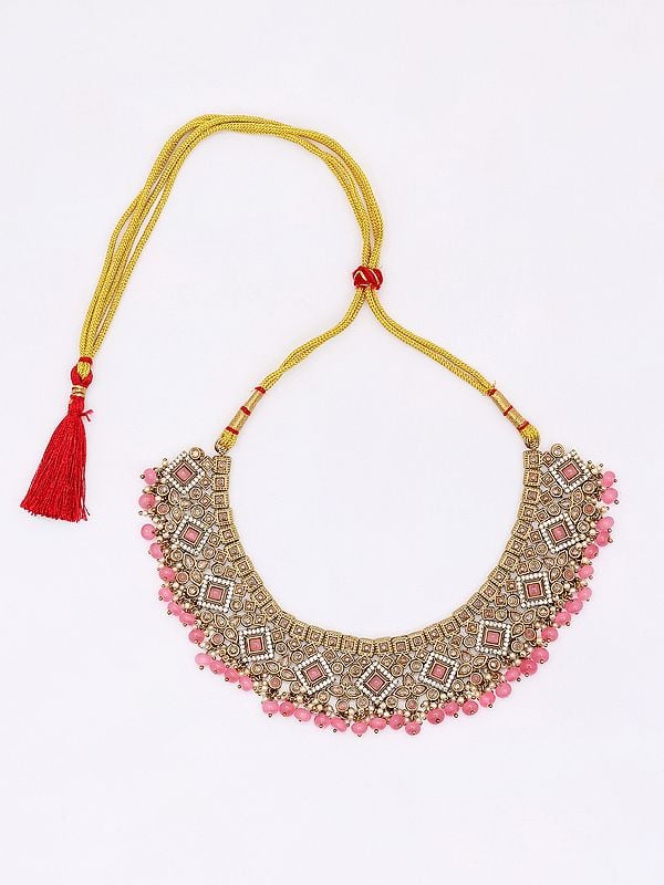 Exotic India Stone Studded And Beaded Necklace Set With Earrings And Mangtika 