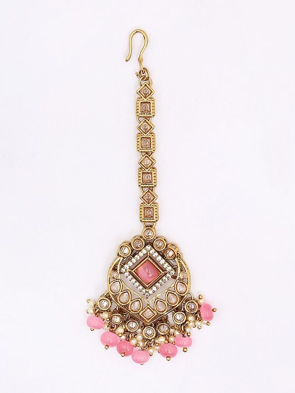 Exotic India Stone Studded And Beaded Necklace Set With Earrings And Mangtika 