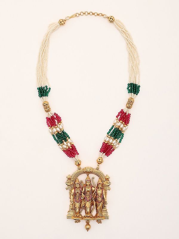 Exotic India Stone Studded And Beaded Ram Darbar Long Necklace Set With Earrings 