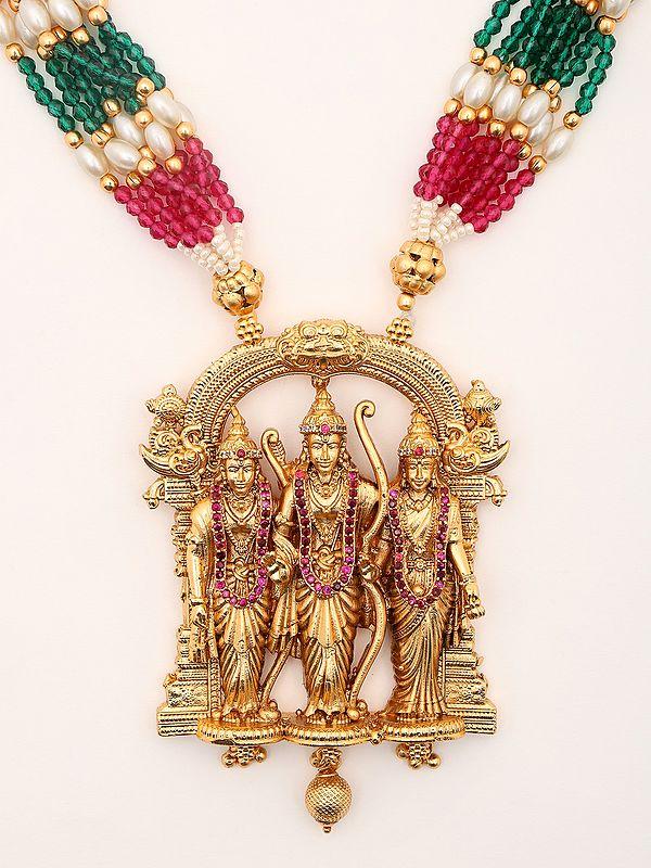 Exotic India Stone Studded And Beaded Ram Darbar Long Necklace Set With Earrings 