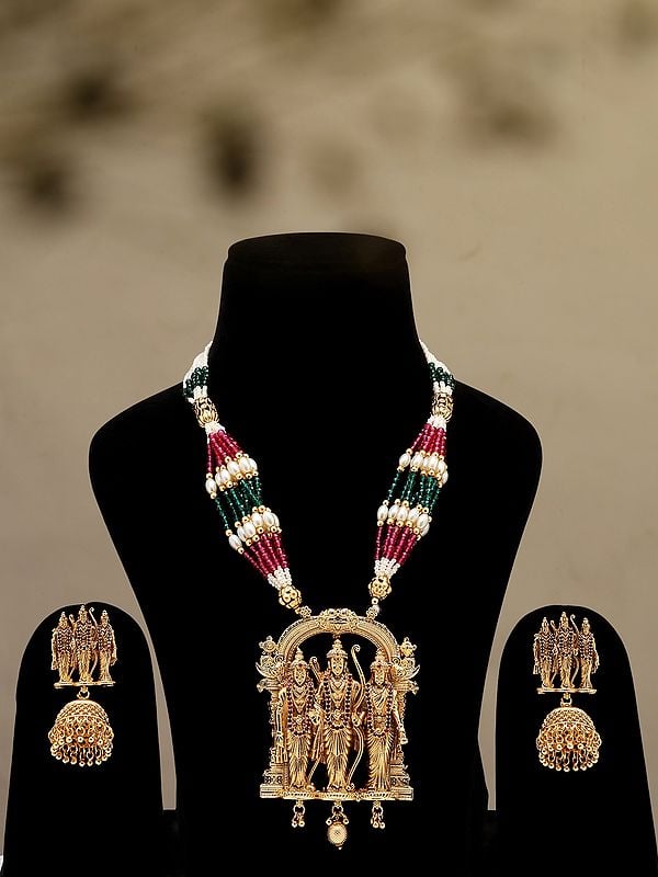exotic india Stone Studded and Beaded Ram Darbar Long Necklace Set with Earrings 