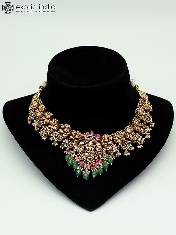 Exotic India Stone Studded And Beaded Temple Goddess Traditional Necklace With Earrings