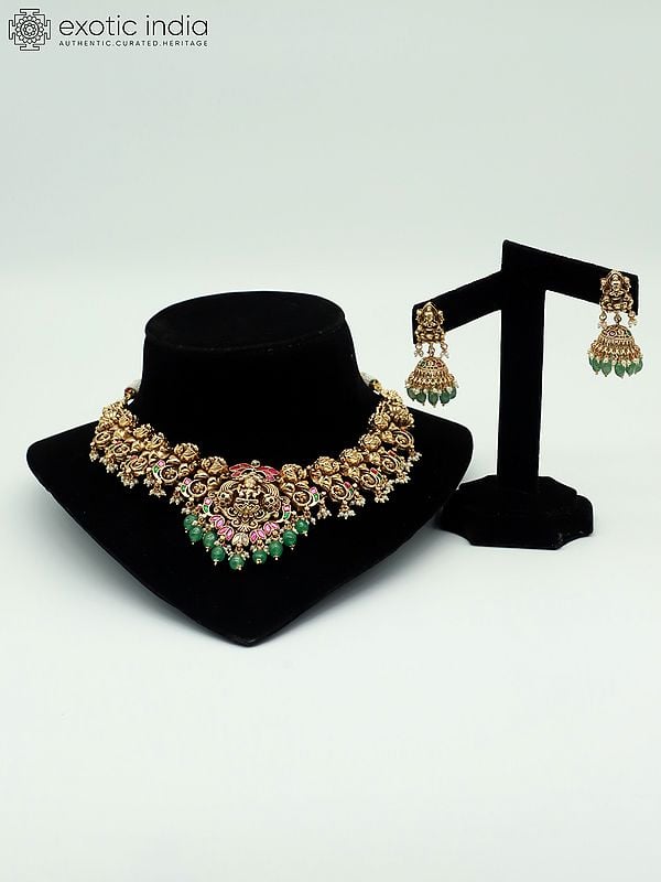 exotic india Stone Studded And Beaded Temple Goddess Traditional Necklace With Earrings 