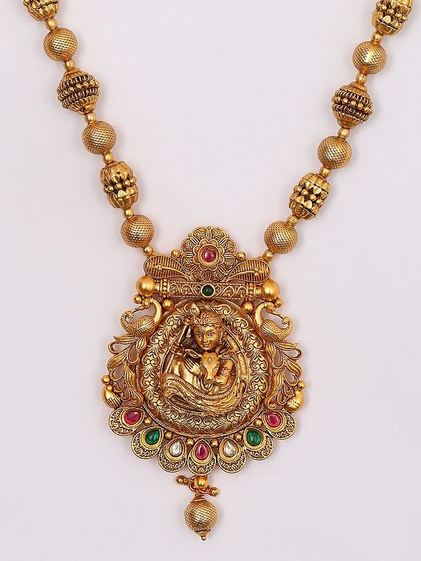Exotic India Stone Studded Bal Krishna With Cow Necklace And Earrings Set 
