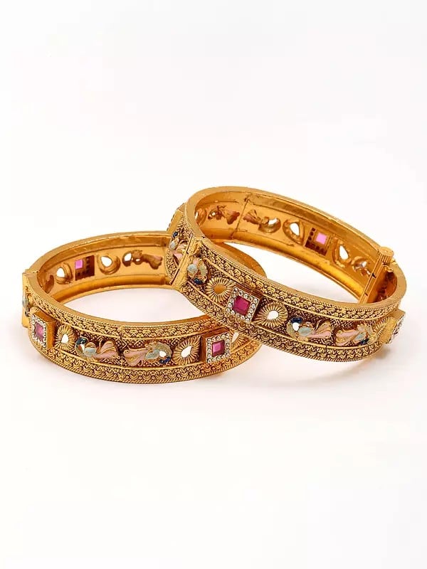 Exotic India Stone Studded Bangles With Peacock Design (Set Of 2) 