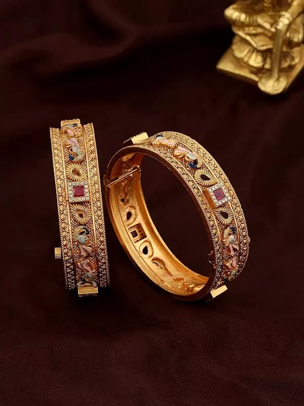 exotic india Stone Studded Bangles with Peacock Design (Set of 2) 