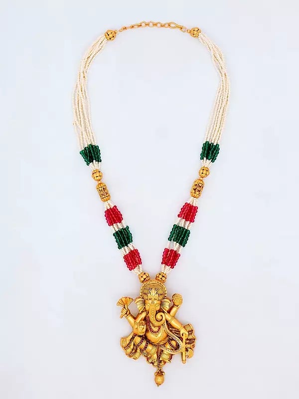 Exotic India Stone Studded & Beaded Blessing Lord Ganesha Necklace Set With Earrings 