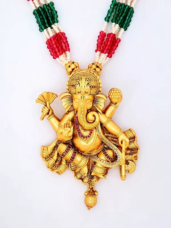 Exotic India Stone Studded & Beaded Blessing Lord Ganesha Necklace Set With Earrings 