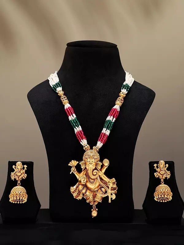 exotic india Stone Studded & Beaded Blessing Lord Ganesha Necklace Set with Earrings 
