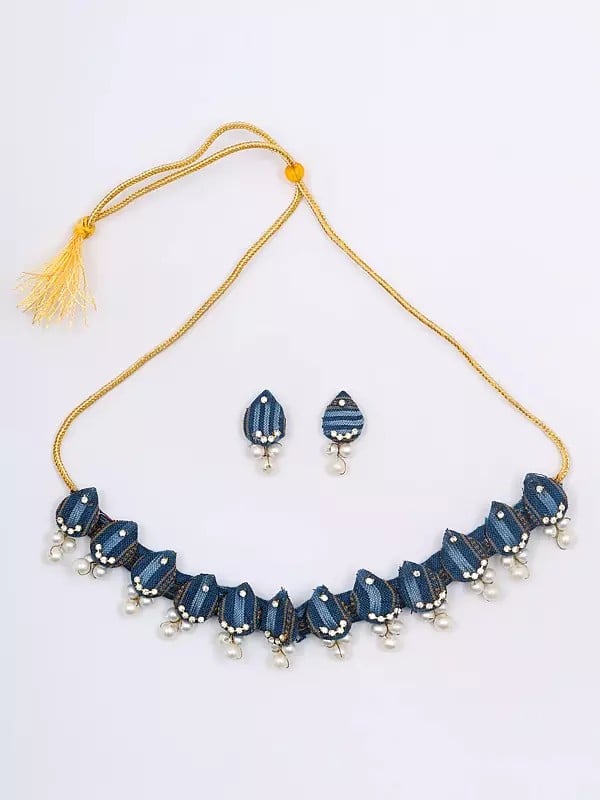 Exotic India Stone Studded & Beaded Handloom Sambalpuri Fabric Choker Set With Earrings