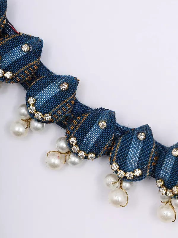 Exotic India Stone Studded & Beaded Handloom Sambalpuri Fabric Choker Set With Earrings