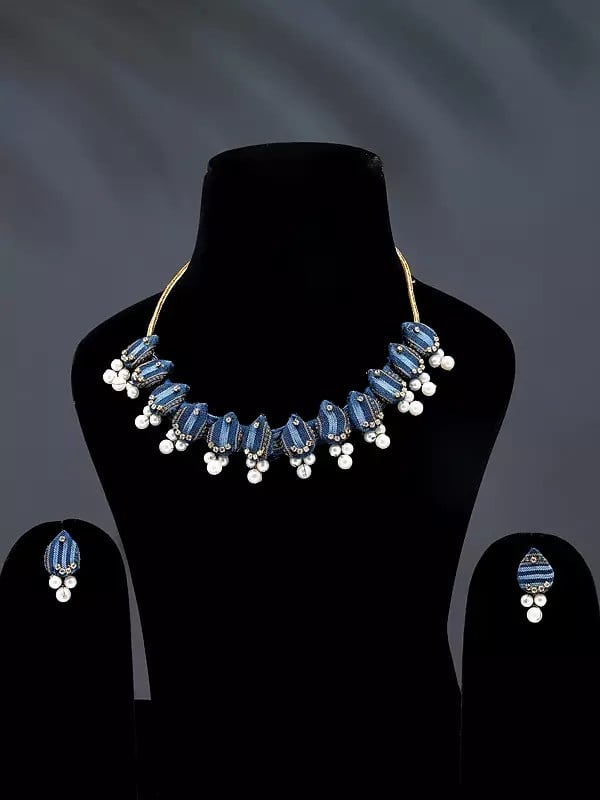 exotic india Stone Studded & Beaded Handloom Sambalpuri Fabric Choker Set with Earrings 