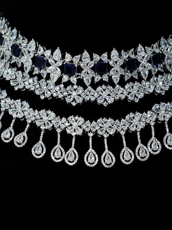 Exotic India Stone Studded Beautiful Design American Diamond Choker Necklace Set With Earrings