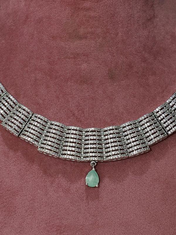 Exotic India Stone Studded Beautiful Design American Diamond Necklace Set With Earrings
