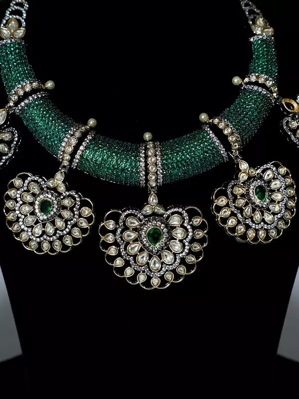 Exotic India Stone Studded Beautiful Design Copper And Kundan Necklace Set With Earrings
