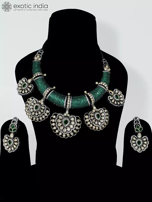 exotic india Stone Studded Beautiful Design Copper And Kundan Necklace Set With Earrings 