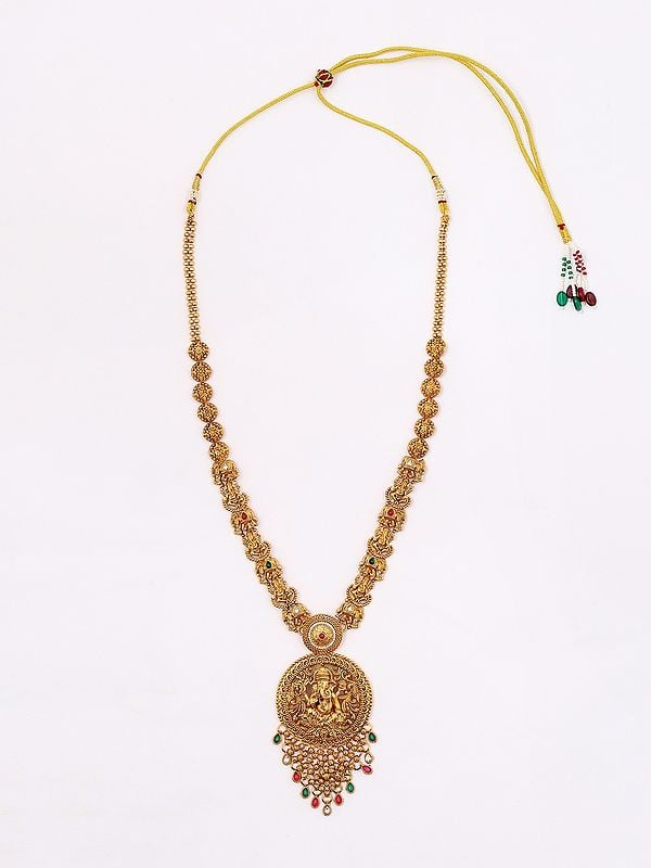 Exotic India Stone Studded Blessing Lord Ganesha Long Necklace Set With Earrings 