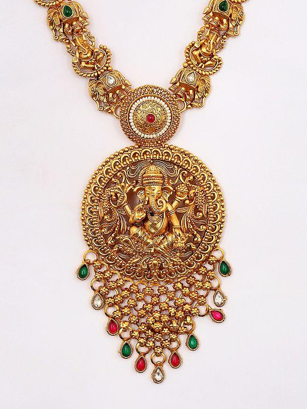 Exotic India Stone Studded Blessing Lord Ganesha Long Necklace Set With Earrings 