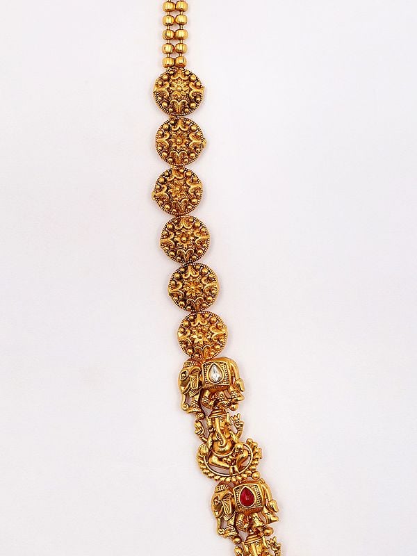 Exotic India Stone Studded Blessing Lord Ganesha Long Necklace Set With Earrings 
