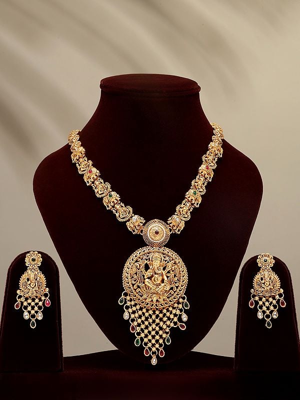 exotic india Stone Studded Blessing Lord Ganesha long Necklace Set with Earrings 