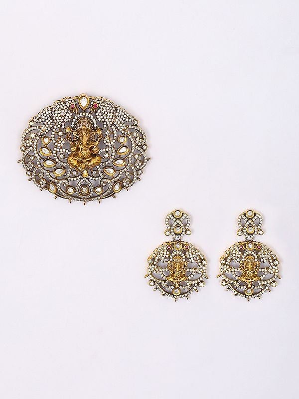 Exotic India Stone Studded Blessing Lord Ganesha Pendant And Earrings Set 