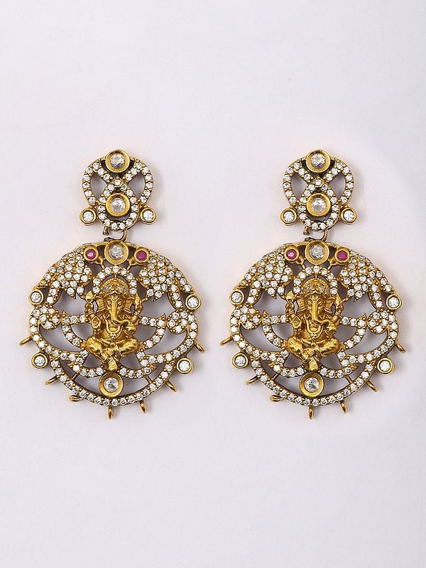 Exotic India Stone Studded Blessing Lord Ganesha Pendant And Earrings Set 