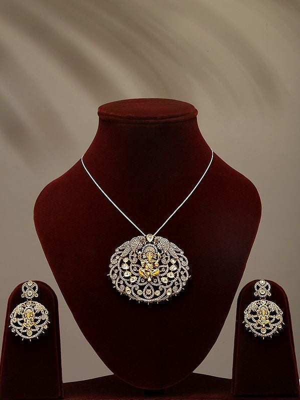 exotic india Stone Studded Blessing Lord Ganesha Pendant and Earrings Set 