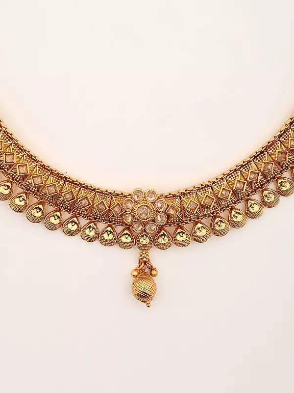 Exotic India Stone Studded Brass Necklace With Earrigns 