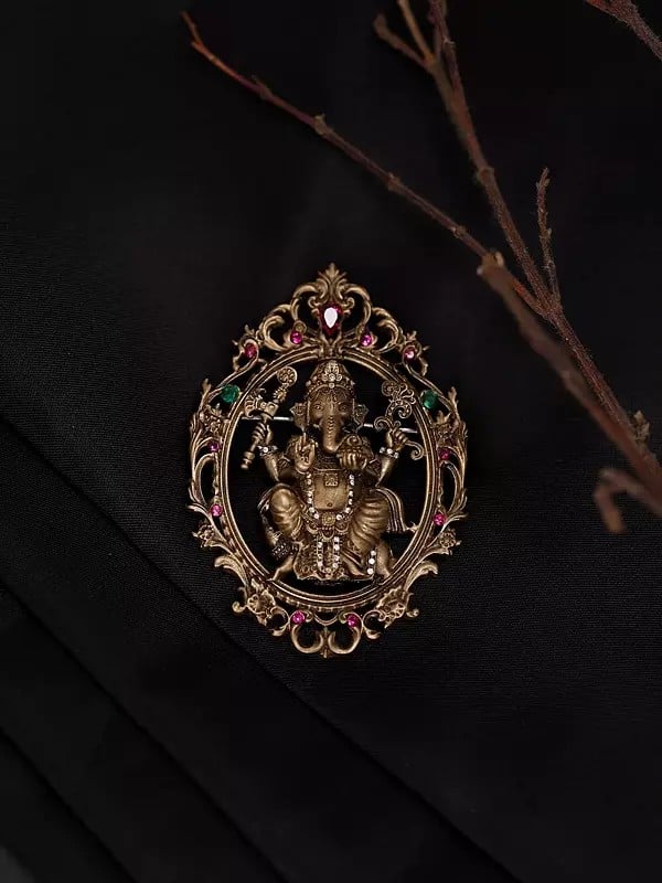 Exotic India Stone Studded Chaturbhuja Ganesha Brooch 