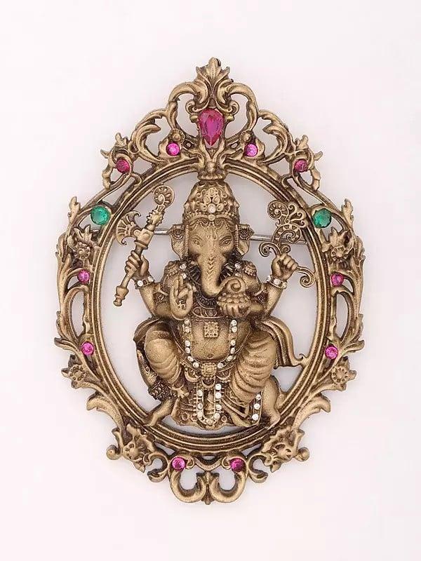 exotic india Stone Studded Chaturbhuja Ganesha Brooch 