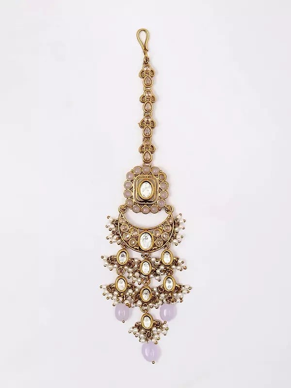 Exotic India Stone Studded Choker Necklace Set With Earrings And Mangtika 