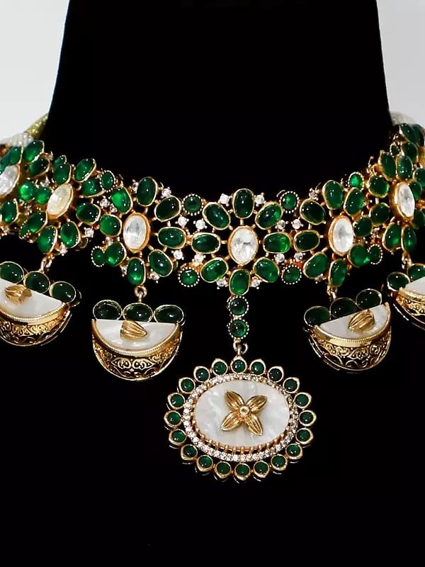 Exotic India Stone Studded Choker Necklace With Drop Beads And Earrings