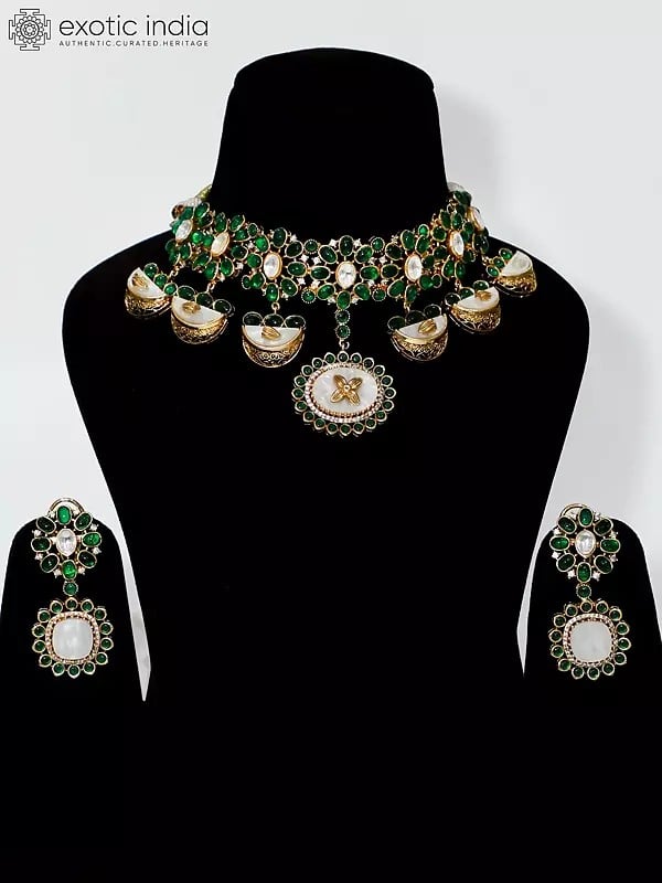 exotic india Stone Studded Choker Necklace With Drop Beads And Earrings 