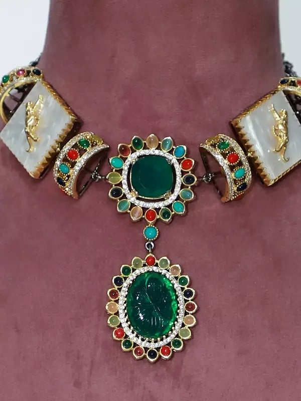 Exotic India Stone Studded Choker Stylish Necklace Set With Earrings