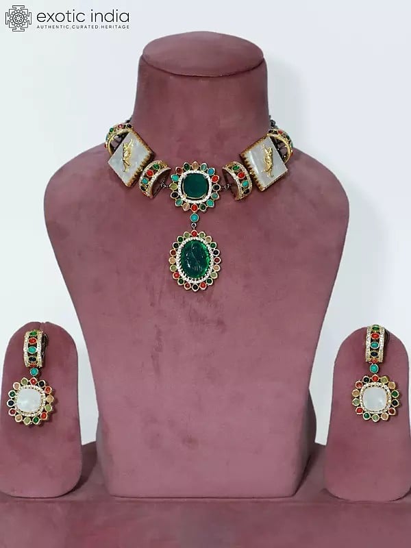exotic india Stone Studded Choker Stylish Necklace Set With Earrings